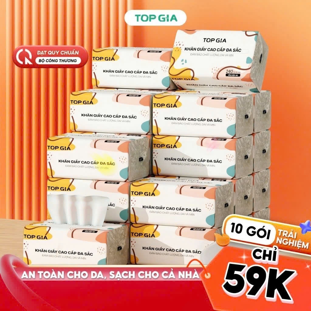 [DEAL LIVE KOL] Giấy ăn rút Topgia đa sắc cao cấp 240 tờ 4 lớp, dập vân 4D, mềm mịn, thấm hút tốt
