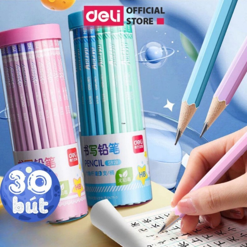 [HỌA CỤ DELI] Bút chì lục giác Deli - 30 chiếc/hộp loại 2B/HB màu sắc pastel dễ thương, thân gỗ tự n