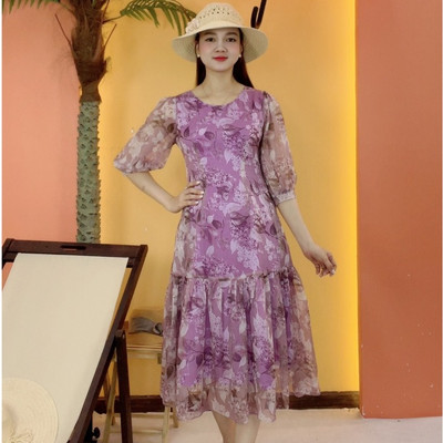 Đầm suông xòe trung niên cho mẹ - Cổ tròn tay lỡ - Tím hoa - TTV2076