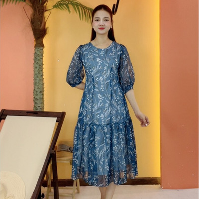 Đầm suông xòe trung niên cho mẹ - Cổ tròn tay lỡ - Xanh hoa - TTV2076