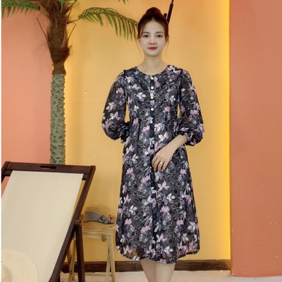 Đầm suông trung niên cho mẹ - Cổ tròn kết nút tay dài - Xanh than hoa - TTV2077