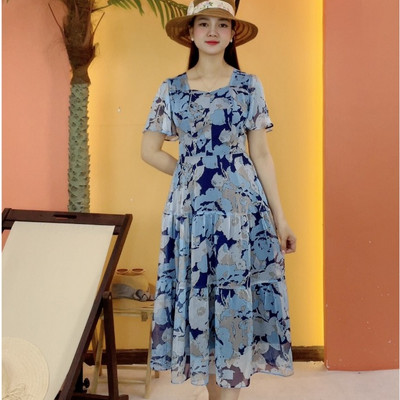 Đầm maxi trung niên cho mẹ - Cổ vuông tim tay loe - Xanh họa tiết - TTV2078