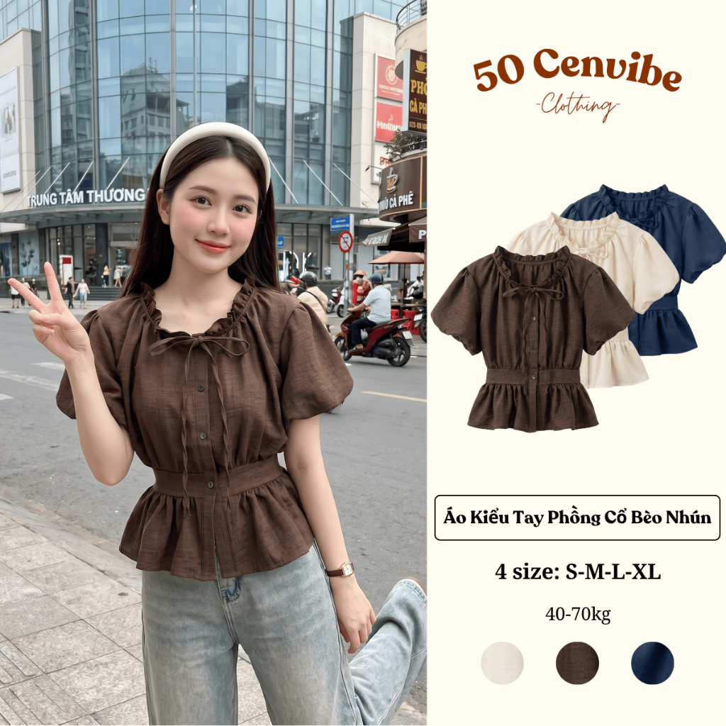 Áo Kiểu Nữ Tay Phồng Cổ Bèo Nhún Chiết Eo Peplum Vintage (50 Cenvibe.Clothing) #379