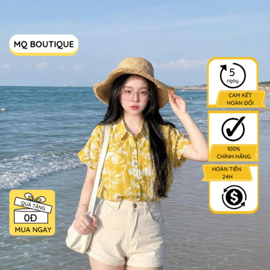 Sơ Mi Cộc Tay Tơ Boi Hoa Trắng MQ Boutique Vải Mềm Mát Công Sở Hoạ Tiết Hoa Trắng Nền Vàng Nhẹ Nhàng