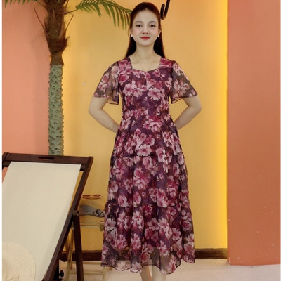 Đầm maxi trung niên cho mẹ - Cổ vuông tim tay loe - Tím than hoa - TTV2078