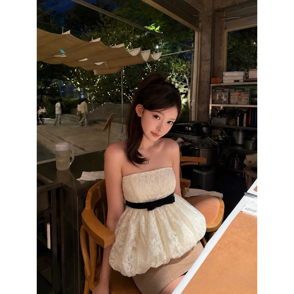 SUGAR CRUSH - Áo babydoll ren cúp ngực nơ đen tiểu thư - Isabella Top