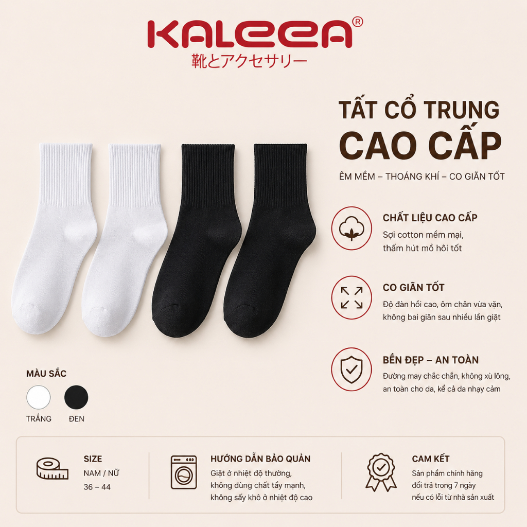Kaleea - Tất Cổ Trung Nam/ Nữ Chất dày dặn, Thoáng Khí, Co Giãn Tốt - TC02