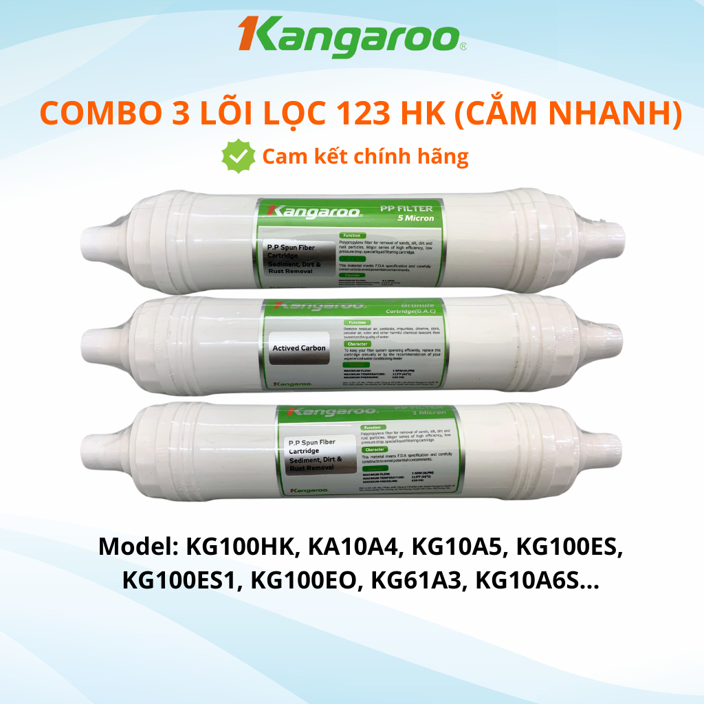 Combo Lõi Lọc Nước 123 HK Kangaroo Đúc Dùng Cho Model KG100HK, KA10A4, KG10A5, KG100ES, KG100ES1, KG100EO,...