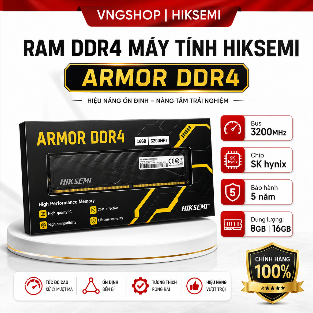 RAM PC HIKSEMI ARMOR DDR4 8GB / 16GB 3200MHz U10 U-DIMM – Chính hãng, bảo hành 5 năm HSC408U32D2-8G 
