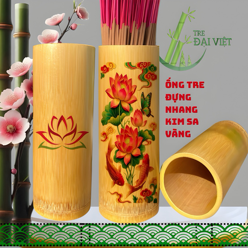 Ống Tre Đựng Nhang Ko Nắp 22cm in hoạ tiết kim sa vàng