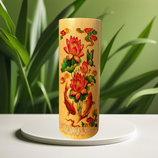 Ống Tre Đựng Nhang Ko Nắp 22cm in hoạ tiết kim sa vàng