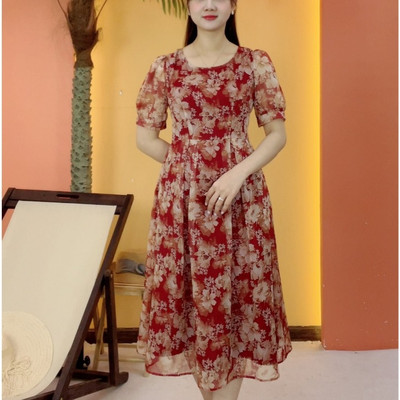 Đầm xòe trung niên cho mẹ - Cổ tròn tay ngắn - Đỏ hoa - TTV2079