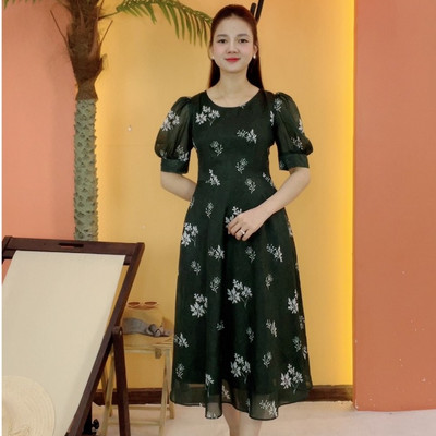 Đầm xòe trung niên cho mẹ - Cổ tròn tay ngắn - Xanh rêu hoa - TTV2081