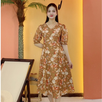 Đầm suông xòe trung niên cho mẹ - Cổ tim tay lỡ - Nâu hoa cam - TTV2082