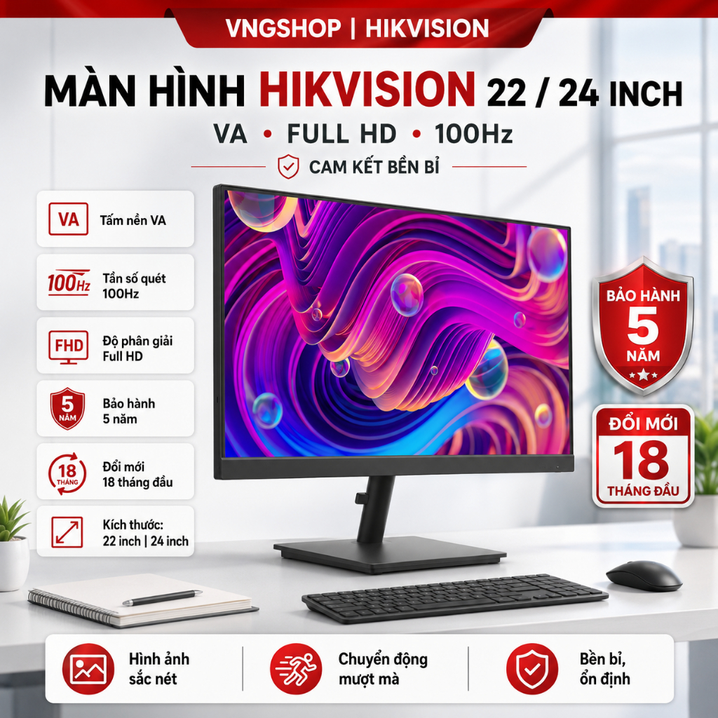Màn hình Văn Phòng Hikvision 24inch Full HD, VA, 100Hz,  DS-D5024F2-AV2 - BH 3 Năm Chính hãng.