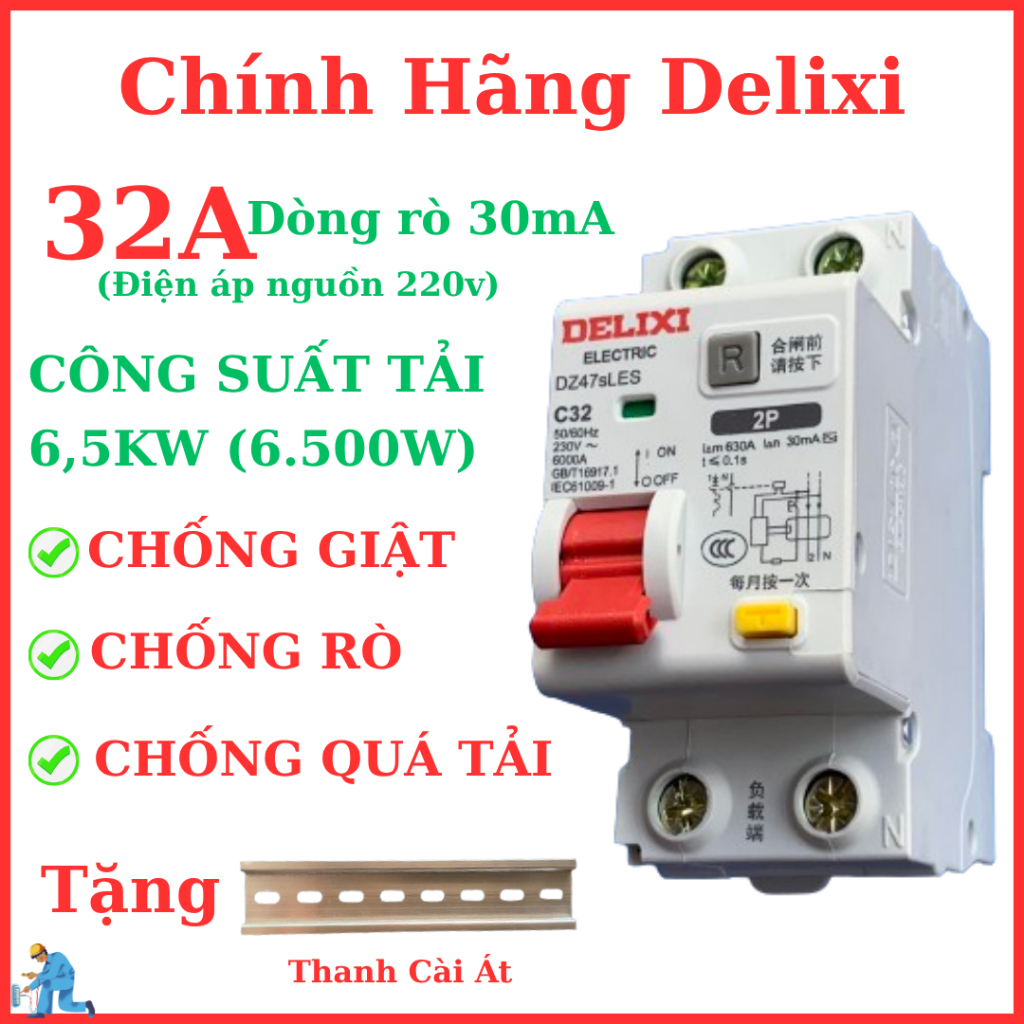 Aptomat chống giật, chống rò, chống quá tải (RCBO) DELIXI 2p chính hãng
