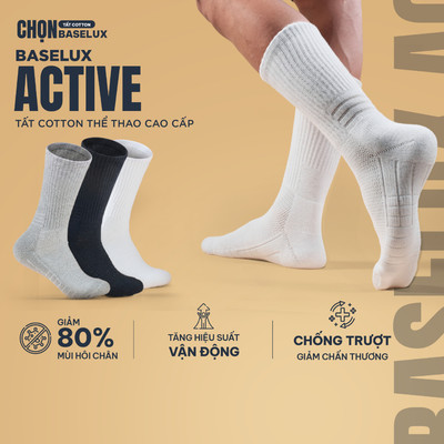 Tất thể thao BaseLux Active tất đá bóng siêu thoáng khí, tất pickleball kháng khuẩn tự nhiên, tất cầu lông khử mùi hiệu