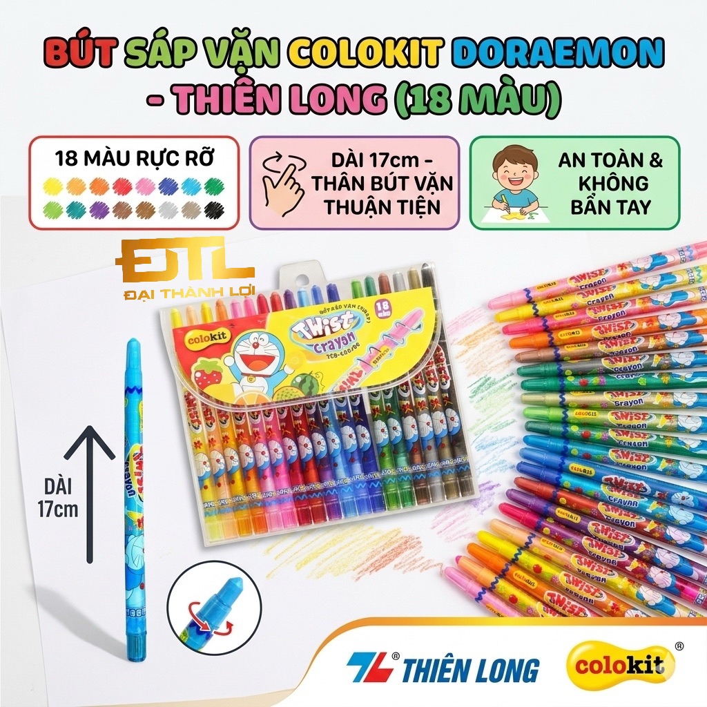 [TRC-C05/DO] Bút sáp vặn 18 Màu Colokit Doraemon TRC-C05/DO - Sáp vặn Thiên Long Dài 17CM