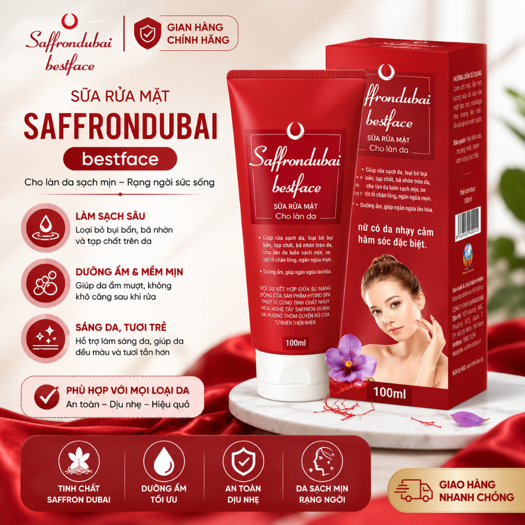 Sữa Rửa Mặt Cấp Ẩm Saffron Dubai Best Face Ngừa Mụn Tẩy Tế Bào Chết Cho Da Hộp 100g