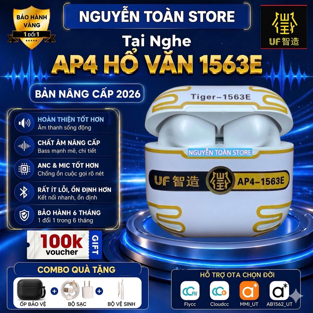 Tai Nghe Hổ Vằn AP4 1563E, Bản Cao Cấp GOLDEN BUDS UF 2026, Ultra Bass, Có Popup, Chống Ồn Chủ động 