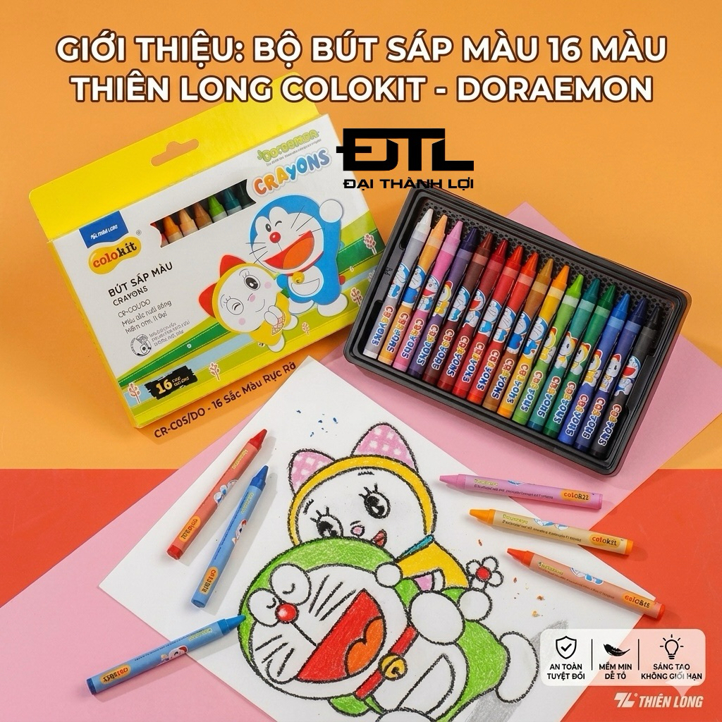 [CR-C05/DO] Bút sáp ColorKit 16 màu CR-C05/DO màu tươi sáng, màu sáp mịn, an toàn cho bé tô màu, học