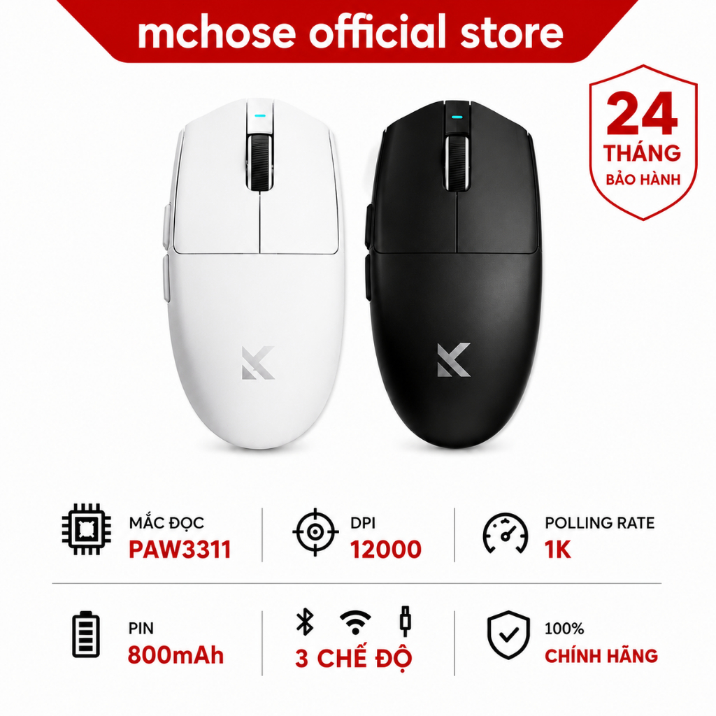 MCHOSE G3 V2 Chuột Không Dây Gaming Bluetooth 3 Chế Độ PAW3311 12000DPI 59G Pin 800mAh Cho Laptop PC