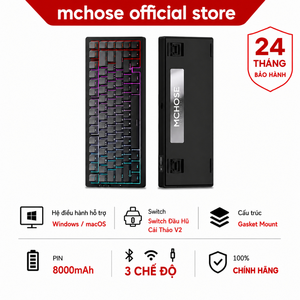 MCHOSE G75 Pro Đen Bàn Phím Cơ Gaming Không Dây Bluetooth RGB Gasket Hot Swap 75% PBT 8000mAh Keyboa