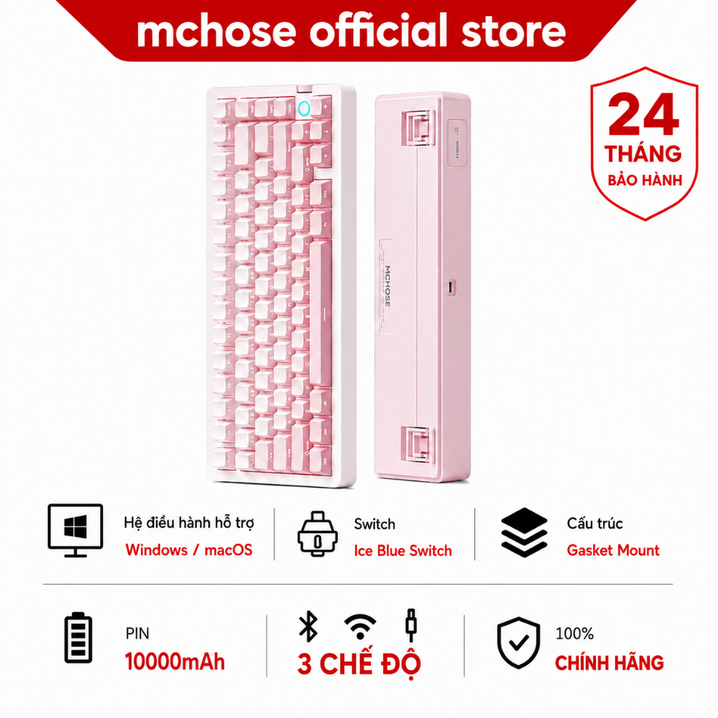 MCHOSE G75 V2 Hồng Bàn Phím Cơ Gaming Không Dây Bluetooth RGB Gasket 75% PBT 3 Mode 10000mAh 1ms Key