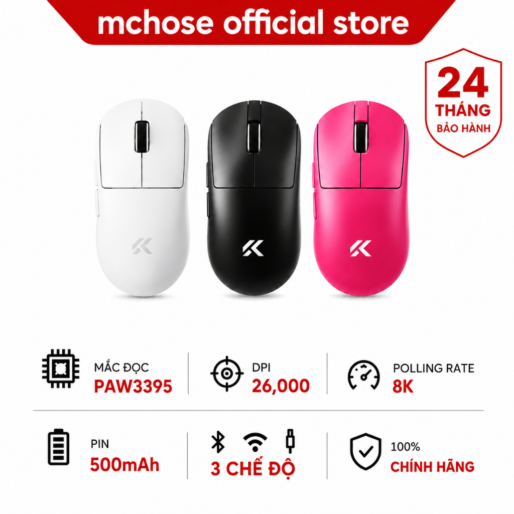 MCHOSE A7 A7 V2 Pro Chuột Không Dây Gaming 3 Chế Độ 8K PAW3395 26000DPI 59G Bluetooth Cho Laptop PC 