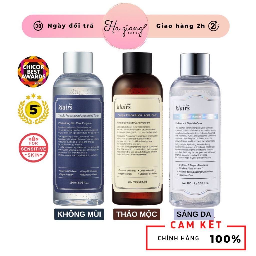 Nước Hoa Hồng Klairs Supple Preparation Facial Toner không mùi (chai tím), có mùi ( chai vàng)