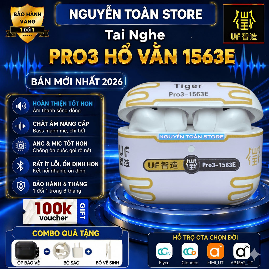 Tai Nghe Hổ Vằn PRO3 1563E, Bản Cao Cấp GOLDEN BUDS UF 2026, Ultra Bass, Có…