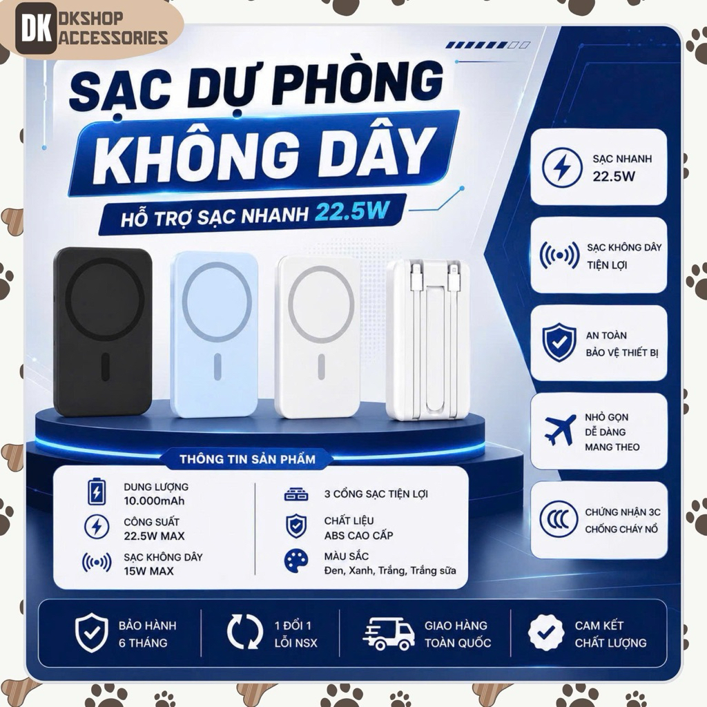 Pin sạc dự phòng 10000mAh DKshop – Sạc không dây từ tính – Có giá đỡ