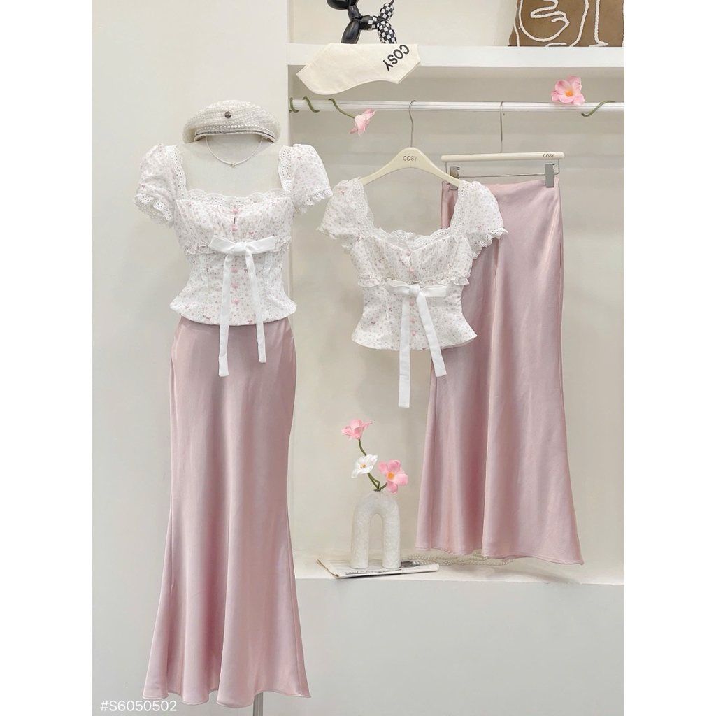 Cosy Set áo nơ hồng viền ren TP cv lụa đuôi cá