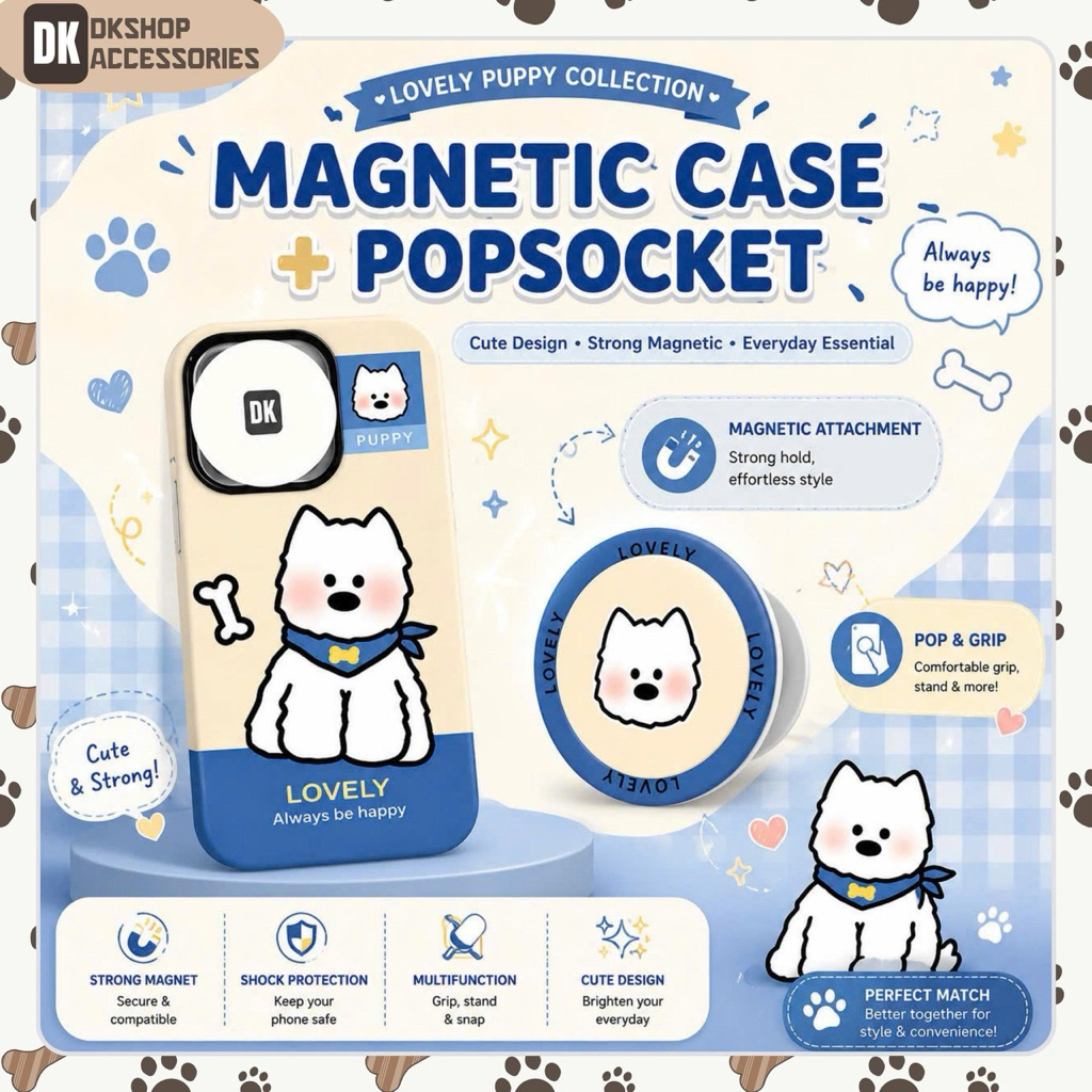 Ốp Lưng Từ Tính Dễ Thương DKshop – Chú Chó Trắng Lovely, Kèm PopSocket, Hút Nam Châm, Chống Sốc, Phụ