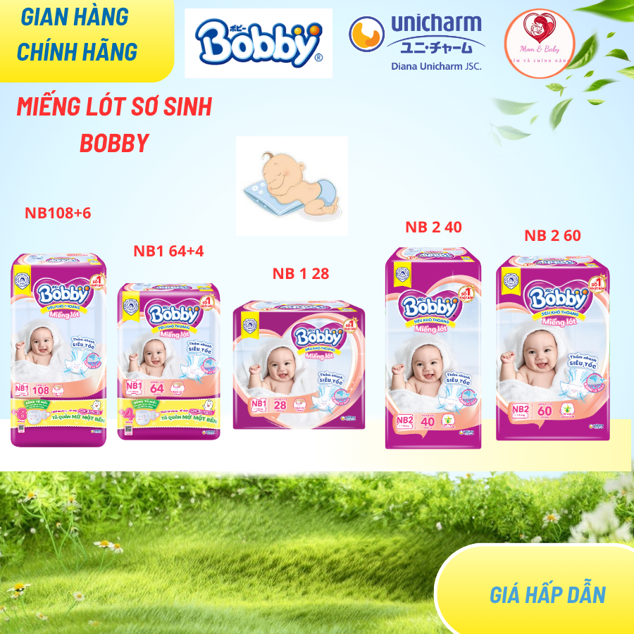 Miếng lót sơ sinh Bobby Newborn cho trẻ sơ sinh NB1 108+6/ NB1 64+4/ NB1 28/NB2 40/NB2 60