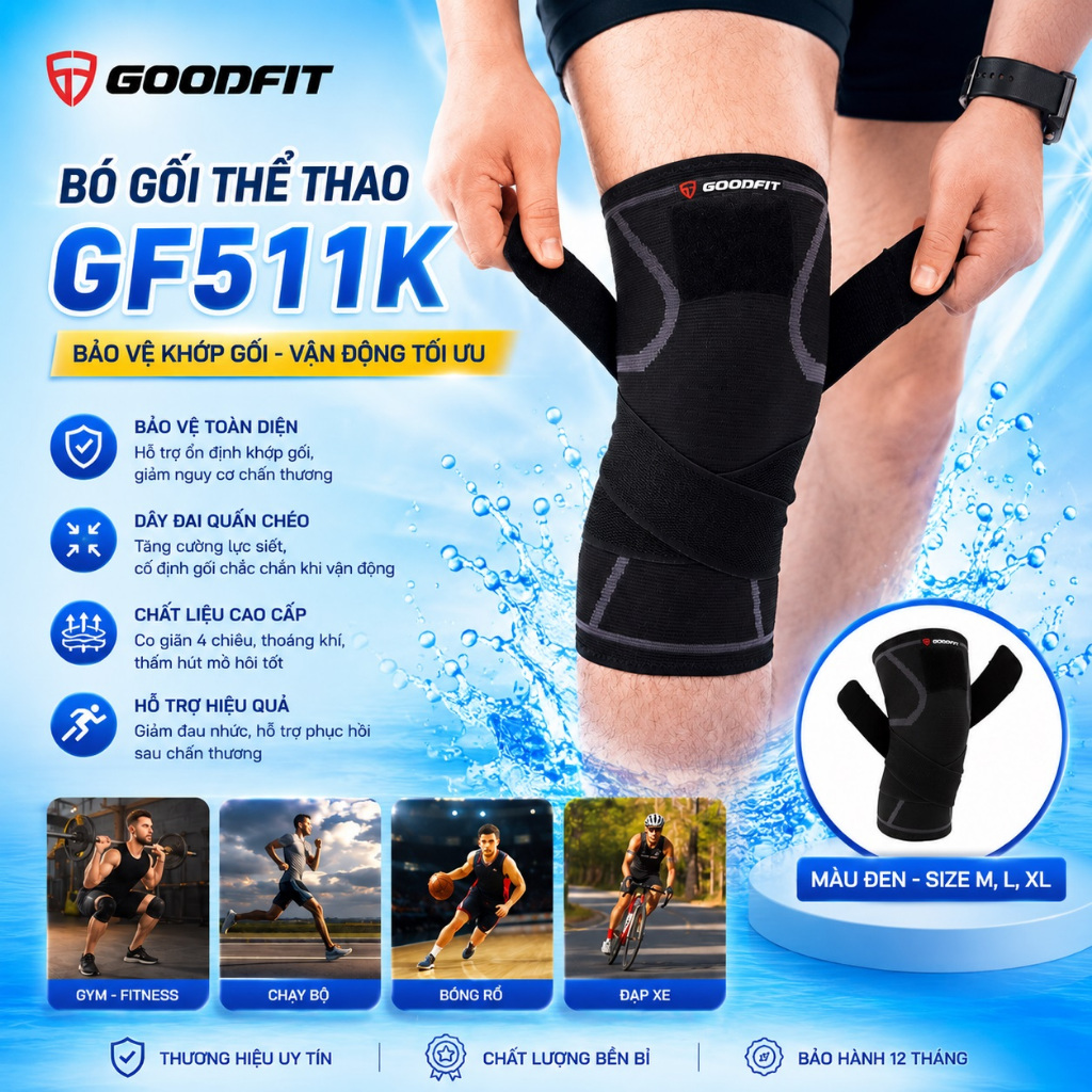 Bó gối thể thao, băng đầu gối Goodfit GF511K co giãn 4 chiều dày dặn, bảo vệ gối khi chơi thể thao