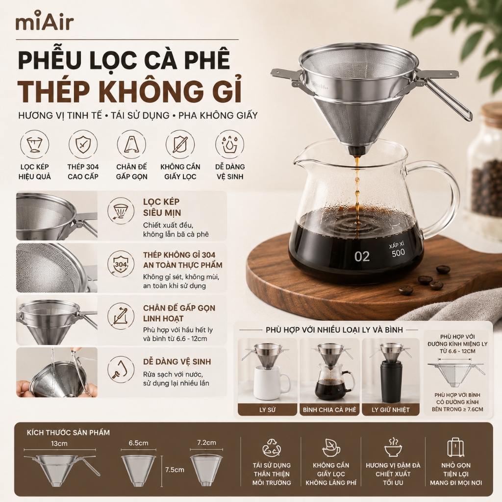miAir Phin Lọc Cà Phê Inox 304 Cao Cấp 2 Lớp | Dụng Cụ Pha Pour Over Drip Coffee Tái Sử Dụng