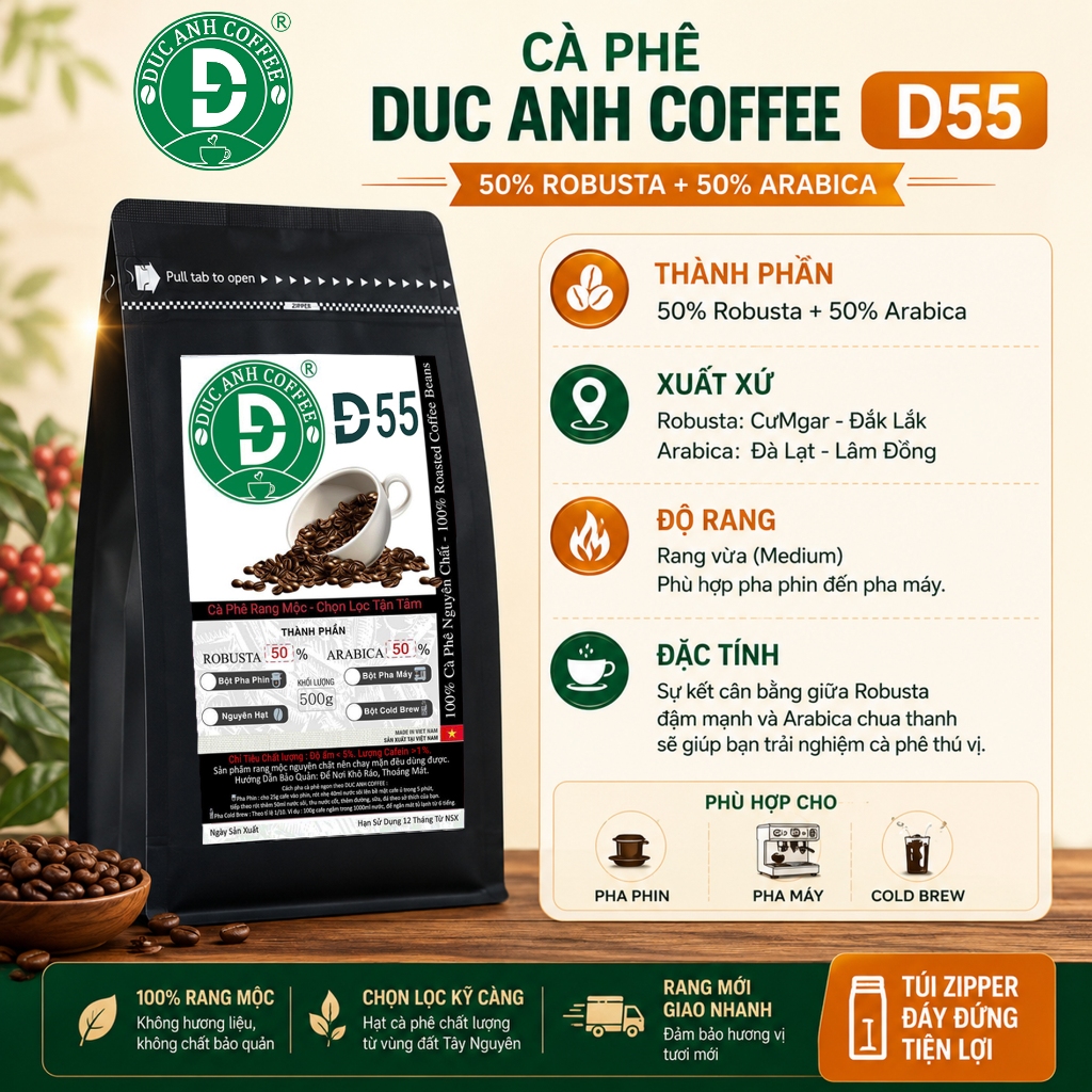 Cà Phê Rang Mộc D55 (50% Robusta+50% Arabica) Nguyên Chất Dùng Pha Máy, Pha Phin - Cà Phê Đức Anh
