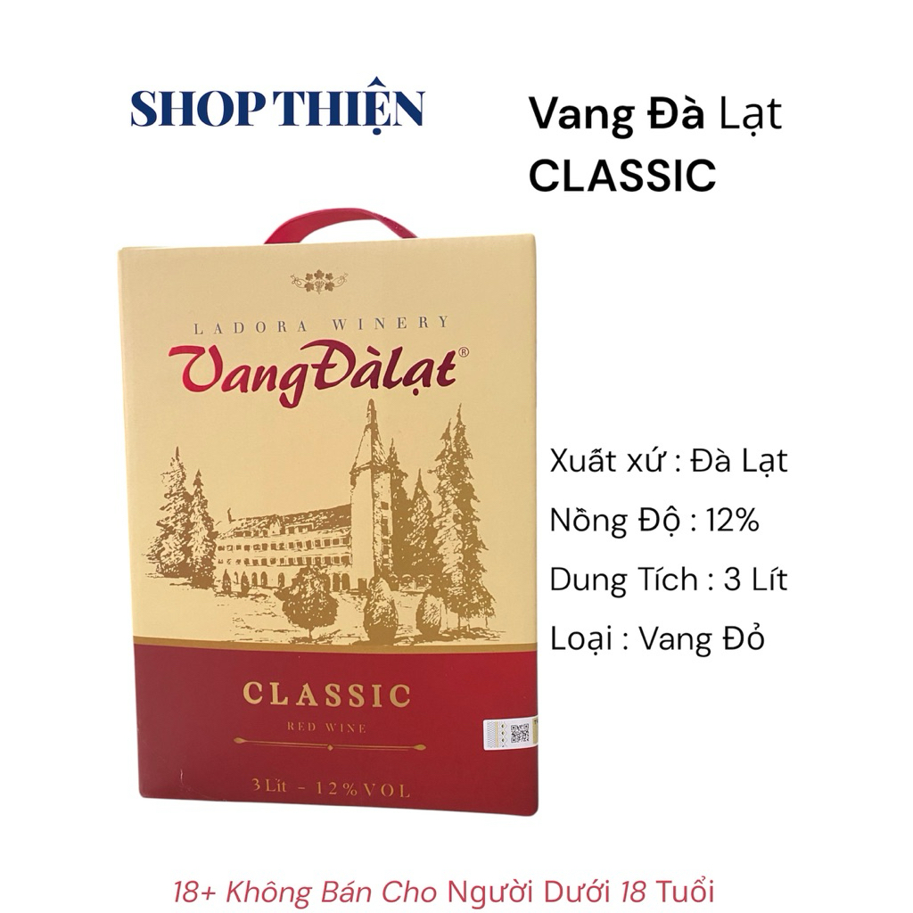 VANG ĐÀ LẠT CLASSIC ĐỎ 12% - HỘP 3 LÍT - Chính hãng - Shop Thiện