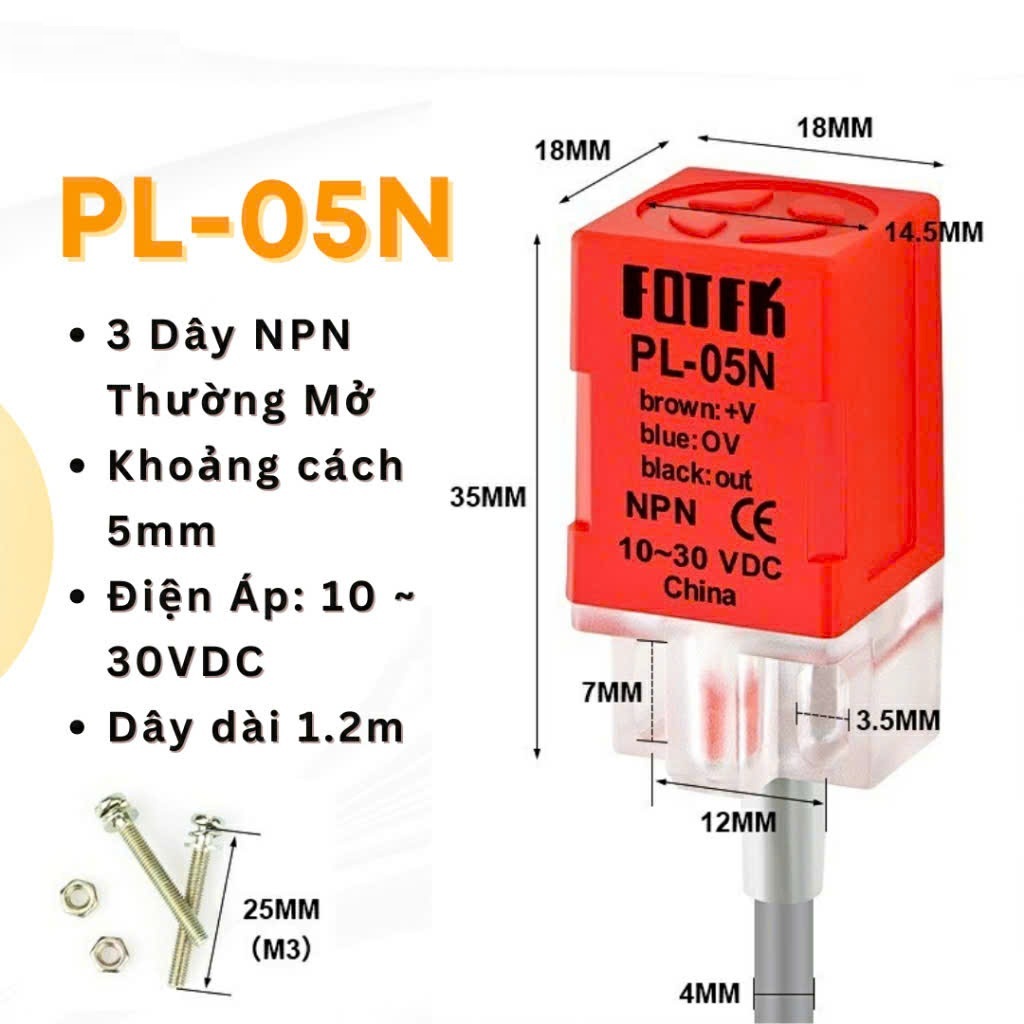 Công Tắc Tiệm Cận Kim Loại PL-05N PL05 NPN Thường Mở Ba Dây - Cảm Biến Kim Loại