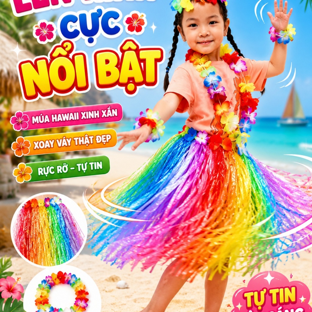 Váy Hawaii Cho Bé Gái - Trang Phục Biểu Diễn Hawaii - Váy Múa Tua Rua Dài 40cm Kèm Vòng Hoa Đầu Cổ T