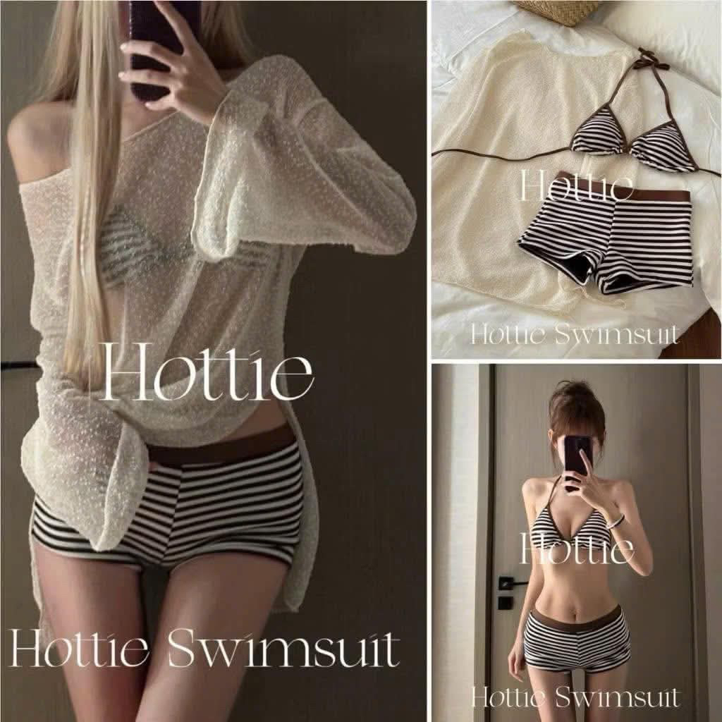 Bộ bikini ba mảnh kẻ sọc, quần short ôm sát tôn dáng, kèm áo thun giấy fom rộng_MALLINA | BigBuy360 - bigbuy360.vn