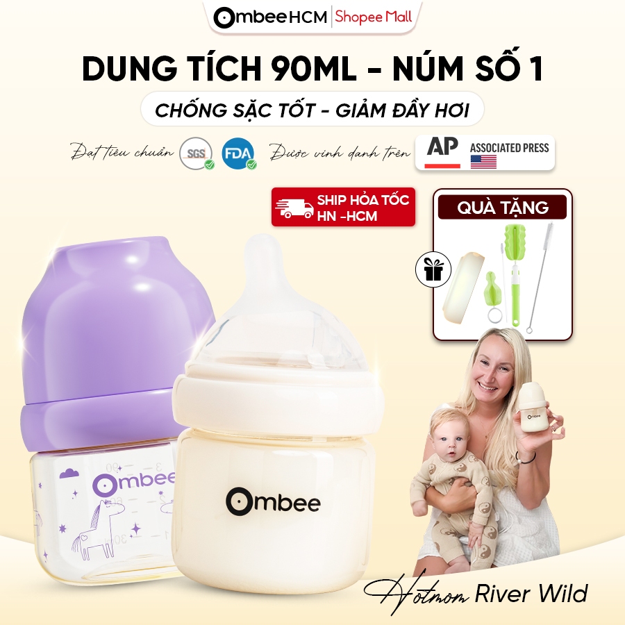 Bình sữa chống đầy hơi Ombee PPSU núm ty siêu mềm chống sặc cho trẻ sơ sinh dung tích 90ml