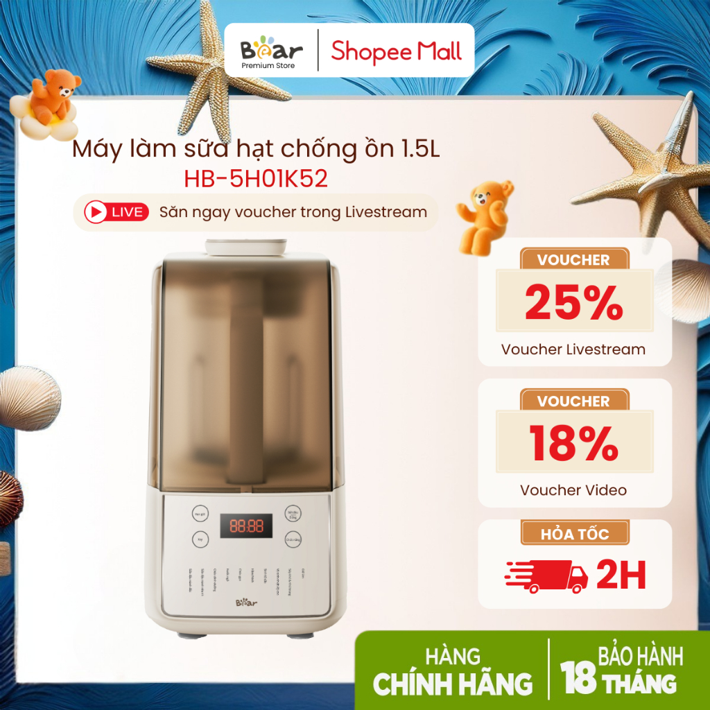 Máy Làm Sữa Hạt 1.5L BEAR PBJ-F01G1 (HB-5H01K52) 400W - 1000W - Chống Ồn, Bảng…