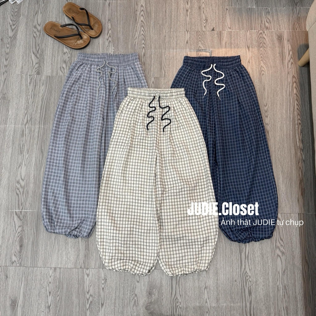THÔ MỀM BOM - Quần Bo Chun Nữ Chất Thô Mềm Mát Kẻ Dáng Rộng in Caro Hottrend JUDIE.Closet