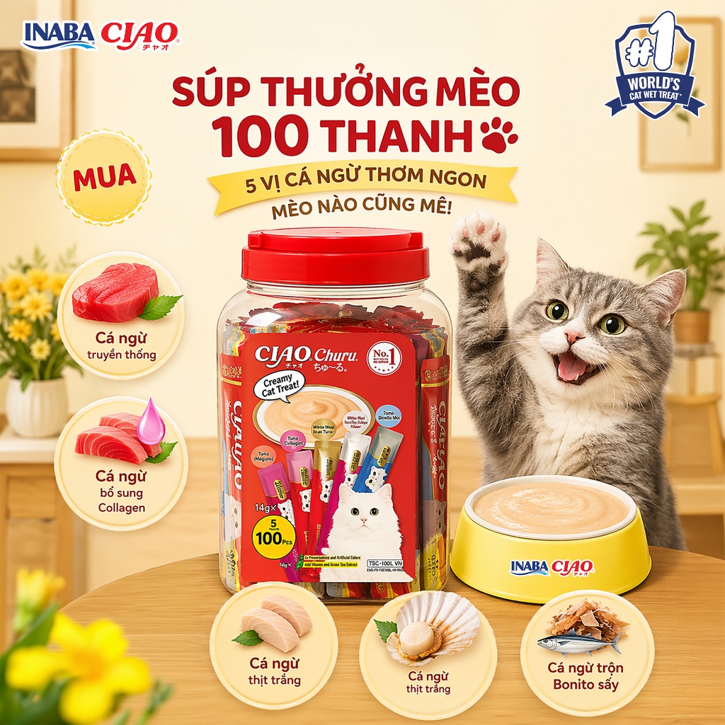 [HŨ 100 THANH] Súp Thưởng CIAO Cao Cấp Cho Mèo INABA CIAO CHURU Nhập Khẩu Thái Lan - Siêu tiết kiệm