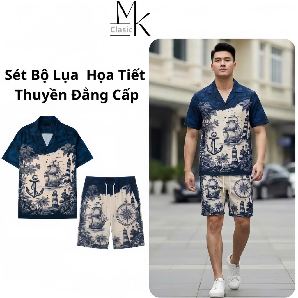 Bộ Sơ Mi Nam Tay Ngắn Phối Quần Short Họa Tiết Tàu Buồm La Bàn Phong Cách Đi Biển