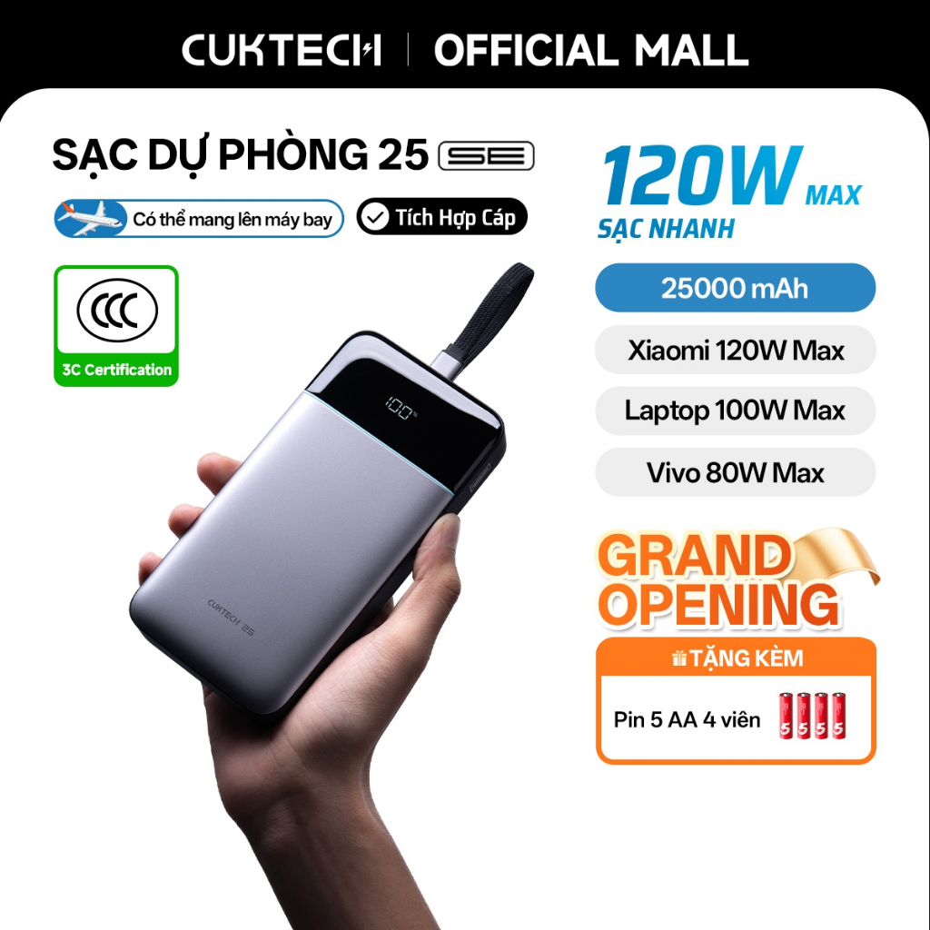 CUKTECH 120W 25000mAh Sạc Nhanh Công Suất Cao Pin Dự Phòng – Hỗ Trợ Xiaomi 120W Laptop 100W Samsung 