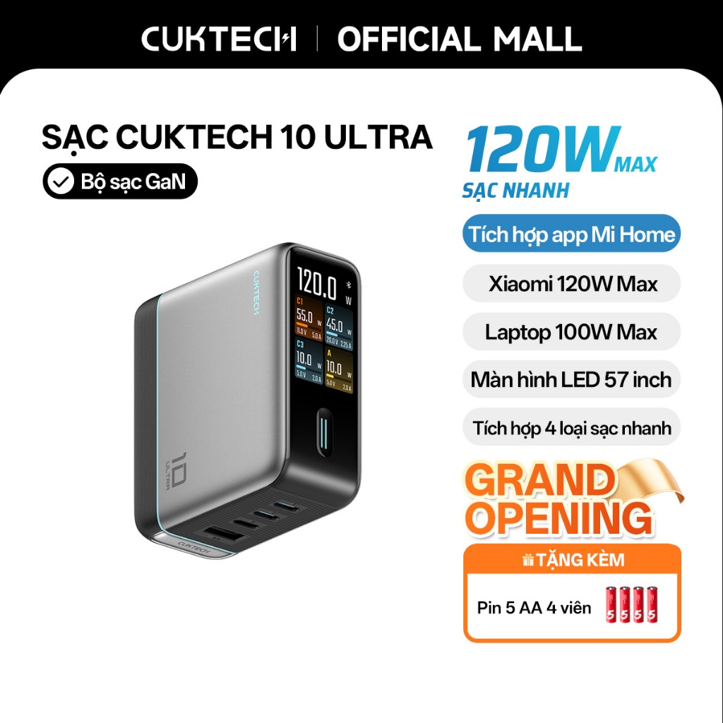 Củ Sạc Nhanh CUKTECH GaN 120W 4 Cổng Điều Khiển App Mi Home Cho Laptop/MacBook/iP 17/16/15 Pro Max/X