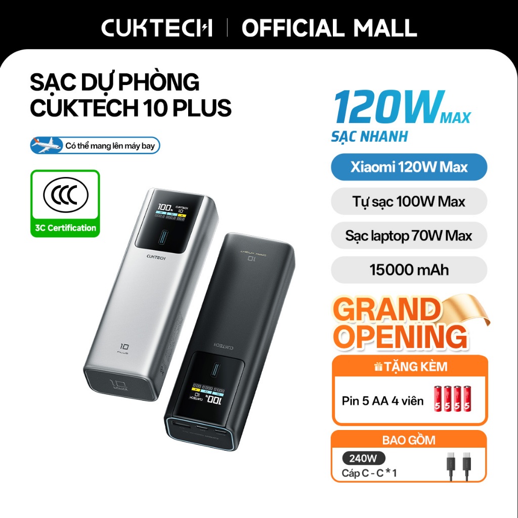【Được chứng nhận CCC】CUKTECH Sạc Nhanh 120W 15000mAh – Hỗ Trợ Xiaomi 120W Laptop70W Samsung 45W, iP 